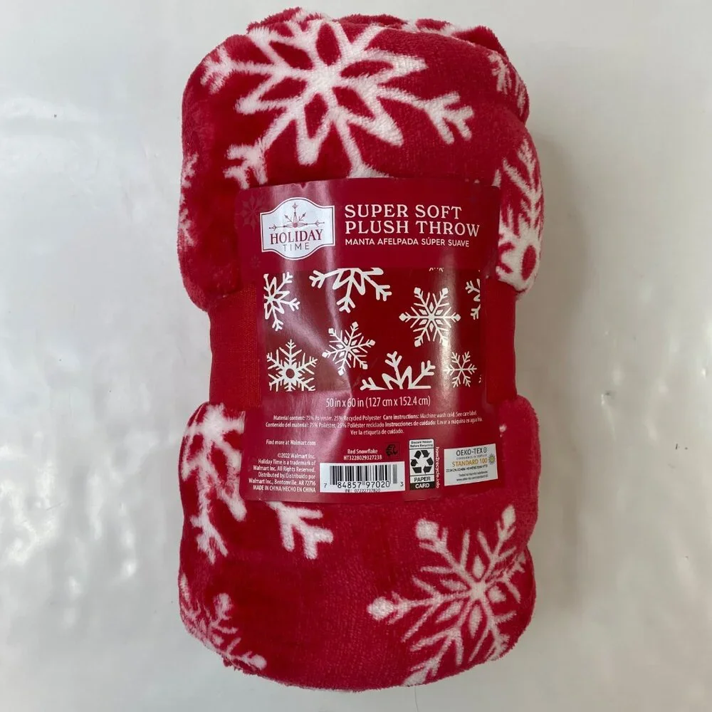 Holiday Time Super Soft Plush Throw Red White Snowflake Pattern 50